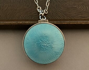 Antique Sterling Silver Blue Guilloche Enamel Compact Locket Necklace