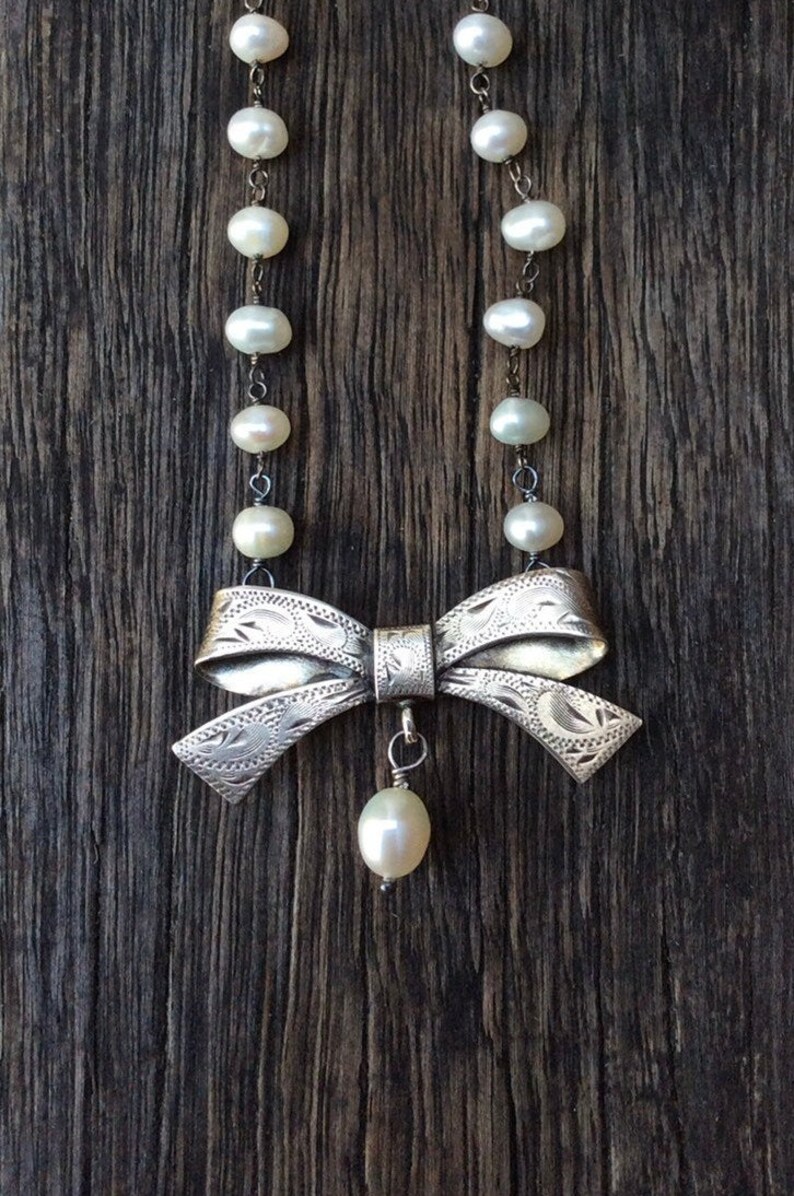 Vintage Birks Sterling Silver Ribbon Bow Necklace Freshwater Pearl Chain