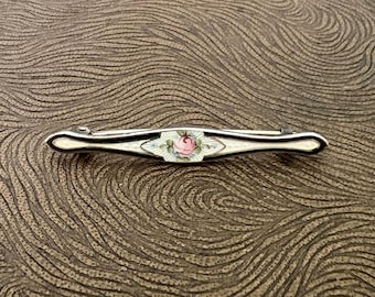Antique Sterling Silver Guilloche Enamel Pink Rose Bar Pin Brooch