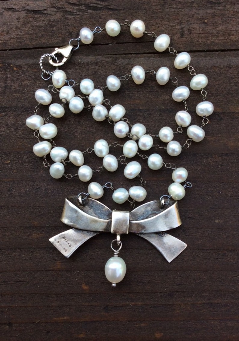 Vintage Birks Sterling Silver Ribbon Bow Necklace Freshwater Pearl Chain