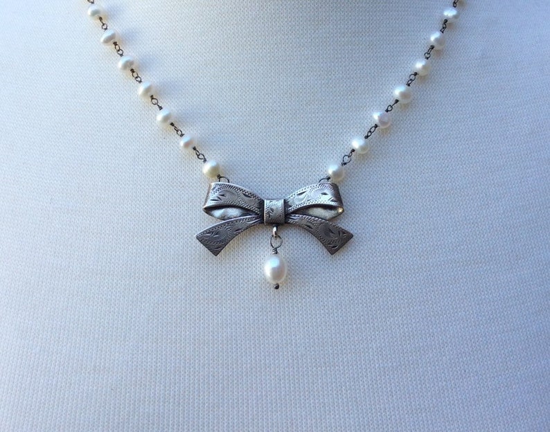 Vintage Birks Sterling Silver Ribbon Bow Necklace Freshwater Pearl Chain