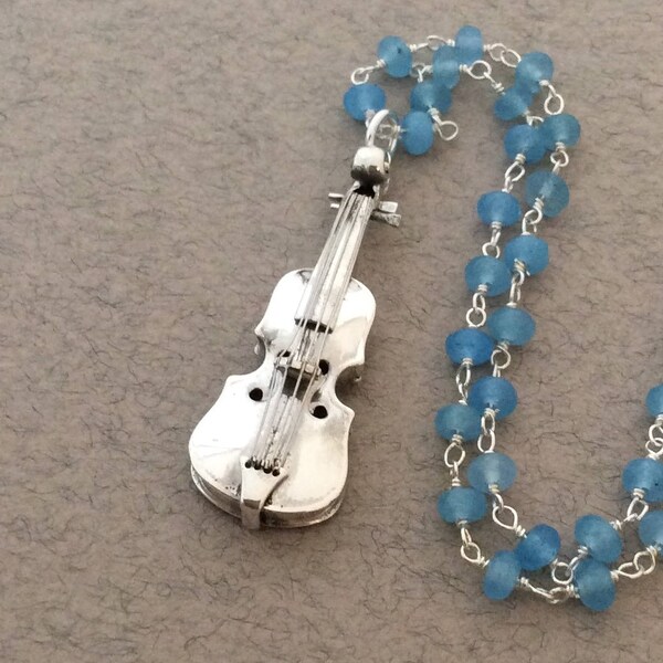Vintage Sterling Silver Violin Necklace, Blue Chalcedony Gemstone  Chain