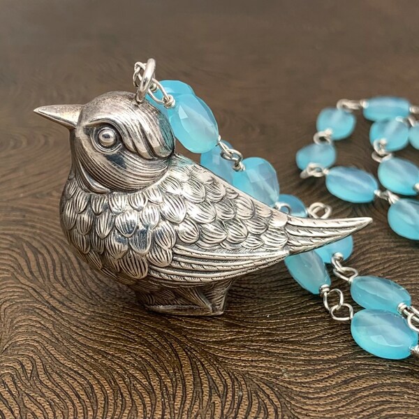 Vintage Sterling Silver Silver Little Bird Labradorite Necklace, Sterling Silver Swivel Clasp