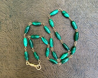 Malachite Watch Chain Style Gold Filled Hand Wired Layering Necklace, Swivel Clasp