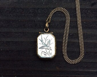 RESERVED for SUSAN - Small Antique Victorian Etched Bird Locket Necklace, Vintage 12K GF Chain