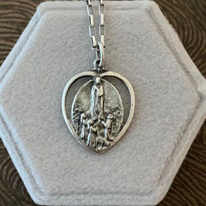 Vintage Sterling Silver Our Lady of Fatima Heart Shaped Medal  Necklace