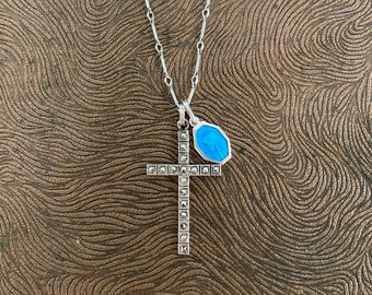 Vintage Sterling Silver Marcasite Cross and  French Blue Enamel Virgin Mary  Necklace, Our Lady of Lourdes