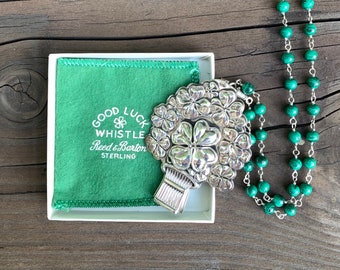 RESERVED/SOLD - Vintage Sterling Silver Silver Good Luck Shamrock Whistle Necklace, Malachite Gemstone Chain