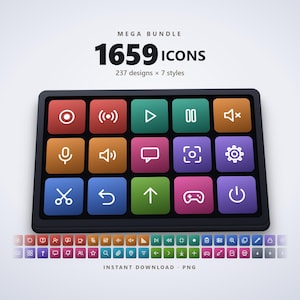 Puede incluir: Un conjunto gráfico digital titulado MEGA BUNDLE 1659 ICONS 237 designs x 7 styles. La imagen muestra un panel rectangular negro que contiene quince botones cuadrados coloridos con iconos de línea blanca, y dos filas de iconos adicionales.