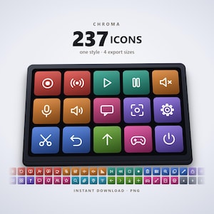 Op de afbeelding: Een digitaal interface-display met een raster van vijftien gekleurde vierkante knoppen met witte lijn-iconen, waaronder symbolen voor opname, audio en gaming. Boven het raster staat de tekst CHROMA 237 ICONS one style 4 export sizes.