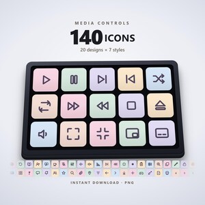 Peut inclure: Un affichage numérique présentant une grille de 15 boutons carrés aux couleurs pastel avec des icônes de contrôle multimédia violet foncé. Au-dessus, le texte MEDIA CONTROLS 140 ICONS 20 designs x 7 styles. En bas, des icônes et INSTANT DOWNLOAD PNG.
