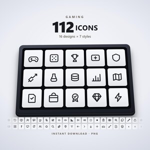 Peut inclure: Une collection numérique de 112 icônes de jeu comprenant 16 designs en 7 styles. L'affichage présente une grille rectangulaire noire contenant 15 boutons carrés blancs avec des symboles en trait noir, dont une manette, un trophée et un diamant.