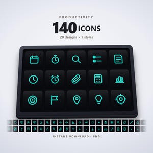 May include: A digital collection of 140 productivity icons featuring 20 designs in 7 styles. The set includes teal line-art symbols such as a calendar, clock, magnifying glass, paperclip, calculator, and lightbulb on dark square backgrounds.