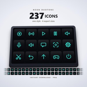 Könnte beinhalten: Eine digitale Sammlung von 237 Neon-Duotone-Icons mit einem schwarzen rechteckigen Panel, das fünfzehn leuchtende cyanfarbene Symbole wie ein Mikrofon, ein Zahnrad und einen Power-Button zeigt, sowie ein Raster weiterer Icons.