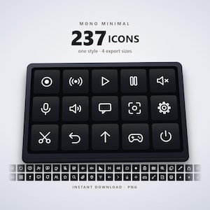 Op de afbeelding: Een digitale collectie getiteld MONO MINIMAL 237 ICONS, one style 4 export sizes. De afbeelding toont een zwart rechthoekig raster met vijftien witte lijn-iconen, waaronder een microfoon, een schaar en een aan-uitknop symbool.