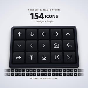 Op de afbeelding: Een digitale grafische weergave met de tekst ARROWS & NAVIGATION 154 ICONS 22 designs x 7 styles. Het toont een zwart rechthoekig raster met vijftien witte lijn-iconen, waaronder pijlen, een huissymbool en diverse navigatiemarkeringen.