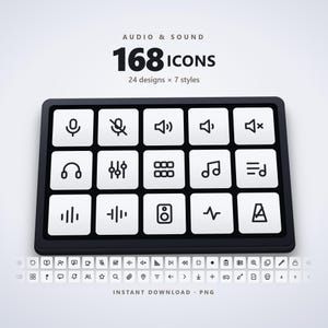 Op de afbeelding: Een digitale collectie van 168 audio- en geluidspictogrammen met 24 ontwerpen in 7 stijlen. Het display toont een zwart rechthoekig raster met 15 witte vierkante tegels met zwarte lijntekeningen van microfoons, luidsprekers en muzieknoten.