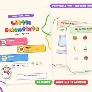Può includere: Un libro di attività educativo in PDF stampabile intitolato Little Scientists per bambini dai 3 ai 6 anni, con sezioni colorate per imparare, giocare e crescere. Le pagine includono schede scientifiche con illustrazioni di pecora, sole, razzo e luna.