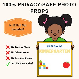 May include: A digital illustration of a child holding a sign that reads FIRST DAY OF KINDERGARTEN with a toy block graphic and an apple. Text includes 100% PRIVACY-SAFE PHOTO PROPS, K-12 Full Set Included!, No Teacher Name, No School Name, No Personal Details, Just Cute Memories!