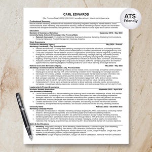 May include: A professional CV template for Carl Edwards featuring sections for professional summary, education, work experience, leadership, and skills. The document includes a circular badge labelled ATS Friendly and a black pen resting on the page.