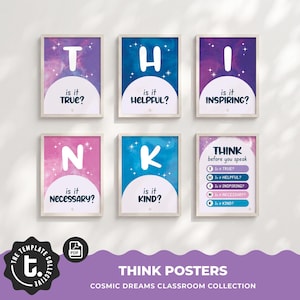 Könnte beinhalten: Sechs rechteckige Poster mit kosmischen Hintergründen in Lila-, Blau- und Rosatönen. Fünf Poster zeigen die Buchstaben T, H, I, N, K mit den Fragen: is it TRUE?, is it HELPFUL?, is it INSPIRING?, is it NECESSARY?, is it KIND?