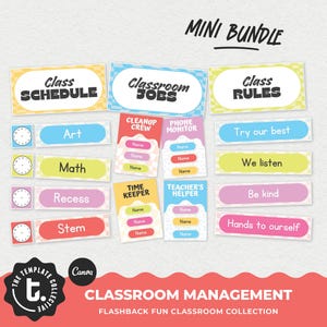 May include: A classroom management mini bundle featuring colorful labels for Class Schedule, Classroom Jobs, and Class Rules. The set includes clock icons, subject names, job titles with name slots, and behavioral rules in a bright, patterned design.