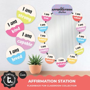 May include: An oval mirror surrounded by circular decals featuring positive affirmations like I am kind, I am valued, and I am brave. A header reads Our Affirmation Station. Additional loose circular decals include I am strong, I am kind, I am capable, and I am loved.