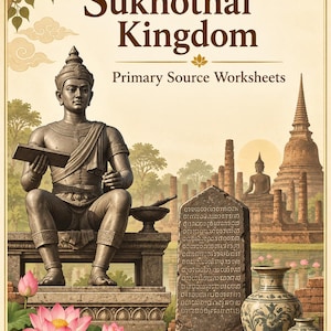 以下が含まれることがあります： 「Sukhothai Kingdom Primary Source Worksheets」と題されたポスター。タブレットを持つ座像のブロンズ風の彫像、古代文字が刻まれた石碑、寺院の仏塔、ピンクの蓮の花、そして2つの青と白の陶器の壺が描かれています。