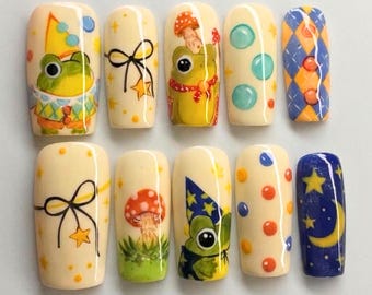 Ongles à coller Grenouille Magicienne Mignonne pour Fête | Étoile Céleste | Nœud en Ruban Argyle | Étoile à Pois Pastel | Parc d'Attractions | Cadeau pour elle