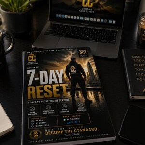 Peut inclure: Un livre 7-Day Reset à couverture noire avec la silhouette d'une personne devant un paysage urbain, du texte doré indiquant 7-Day Reset, Chrome Collective et Become the Standard, accompagné d'un mug noir, d'un ordinateur portable et d'une bougie.
