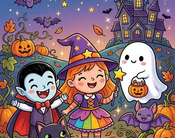 Könnte beinhalten: Eine Cartoon-Illustration mit einem Vampir, einer Hexe und einem Geist inmitten von Kürbissen und Herbstlaub. Eine schwarze Katze sitzt im Vordergrund, während ein lila Schloss, eine Mondsichel und fliegende Fledermäuse am Nachthimmel zu sehen sind.
