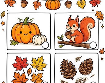 Könnte beinhalten: Ein druckbares Arbeitsblatt mit vier rechteckigen Feldern zum Thema Herbst. Das Feld oben links zeigt einen lächelnden orangefarbenen Kürbis und einen kleinen weißen Kürbis. Das Feld oben rechts zeigt ein Eichhörnchen mit einer Eichel auf einem Ast. Das Feld unten links zeigt vier bunte Ahornblätter. Das Feld unten rechts zeigt zwei Tannenzapfen und Kiefernnadeln. Eine dekorative Girlande aus Blättern, Eicheln und einem Kürbis hängt am oberen Rand.