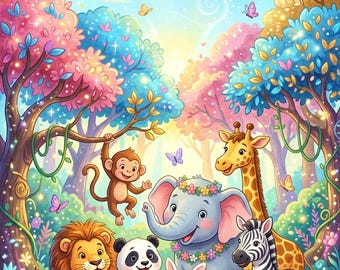 Könnte beinhalten: Eine lebendige Illustration einer Gruppe von Zeichentricktieren, darunter ein Löwe, Panda, Elefant, Giraffe, Zebra, Pinguin, Hase und Affe in einem farbenfrohen Wald mit rosa und blauen Bäumen, Blumen, Pilzen und Schmetterlingen unter einem hellen Himmel.