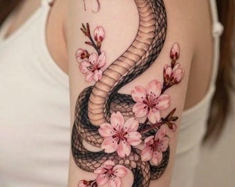Könnte beinhalten: Ein Tattoo-Design mit einer dunkelgrauen Schlange mit rotem Auge und gespaltener Zunge, die sich um einen Zweig mit hellrosa Kirschblüten windet. Die Schlange hat detaillierte Schuppen und die Blüten sind in verschiedenen Stadien zu sehen.