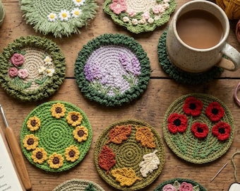 Könnte beinhalten: Eine Sammlung von zehn runden gehäkelten Untersetzern mit verschiedenen Blumen- und Saisonmotiven, darunter Gänseblümchen, Rosen, Lavendel, Sonnenblumen, Herbstblätter, Mohnblumen und Stechpalmenbeeren, arrangiert mit Garnknäueln.