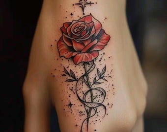 Könnte beinhalten: Ein Tattoo-Design mit einer roten Rose mit schwarzen Umrissen und Schattierungen, vertikal angeordnet. Die Rose wird durch einen vierzackigen Stern darüber, kleine Blätter, einen geschwungenen Stiel und verstreute schwarze Punkte akzentuiert. Der Text @tertia796 ist sichtbar.