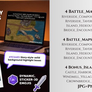 May include: A digital bundle of 12 fantasy RPG maps displayed on a laptop screen, including battle maps with and without grids, and bonus island maps. The image features a list of file names, a printed photo, a 20-sided die icon, and a sword icon.