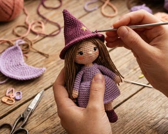 Könnte beinhalten: Eine kleine gehäkelte Puppe mit braunem Haar, bekleidet mit einem violetten Kleid und einem passenden spitzen Hut mit gelbem Stern. Die Puppe wird mit einer silbernen Häkelnadel bearbeitet, umgeben von Garnknäueln und einer Schere.