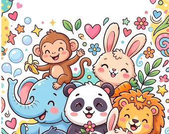Könnte beinhalten: Ein Malbuch-Cover mit dem Text "Cute Animals Coloring Book For Kids Ages 4-8 | 30 Printable Coloring Pages", umgeben von bunten Illustrationen eines Affen, Elefanten, Pandas, Pinguins, Löwen und zwei Kaninchen mit Karotten.