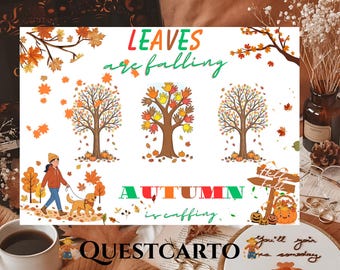 Könnte beinhalten: Ein digitaler Druck mit herbstlichen Illustrationen, darunter Bäume mit orangefarbenen Blättern, Kürbisse, eine Person beim Gassigehen mit einem Hund und ein Baum aus Handabdrücken. Der Text lautet LEAVES are falling, AUTUMN is calling und Hello fall.