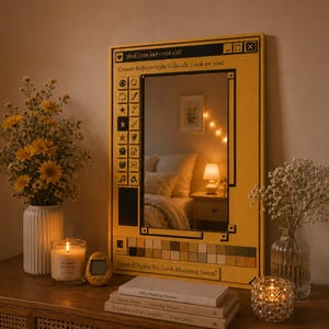 Könnte beinhalten: Ein rechteckiger gelber Wandspiegel, der wie ein Computer-Schnittstellenfenster gestaltet ist. Der Rahmen zeigt schwarze Symbole, ein Farbpalettenraster und den Text "Create-Reflect-Style-Look on you!" sowie "Spotted Again: You Look Blooming Sweet".