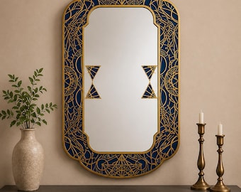Decoração de parede geométrica em acrílico azul e dourado com espelho – Dekota Board Art