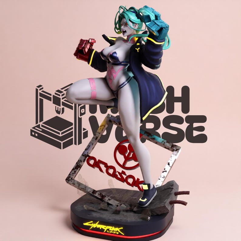 May include: A dynamic figurine of a character with teal hair, wearing a dark jacket and dark bikini, featuring a red mechanical hand and a blue mechanical glove. The base displays the text Cyberpunk 2077 and an Arasaka logo on a square frame.