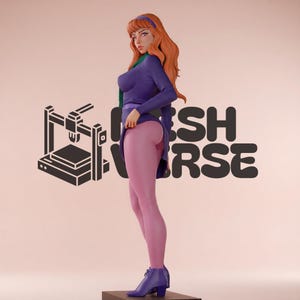 May include: A 3D printed figurine of a character with long orange hair, wearing a purple long-sleeved top, a purple skirt, pink tights, and purple boots. A green scarf is draped around the neck. The text MESH VERSE and a 3D printer icon appear.