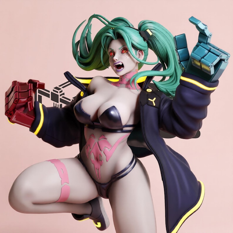 May include: A stylized figurine of a character with teal hair in pigtails, red eyes, and sharp teeth. The figure wears a dark jacket with yellow trim, a black bikini, and has pink tattoos on the neck and torso. One hand is a metallic teal robotic claw.