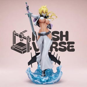 May include: A blonde anime-style figurine wearing a white jacket, white pants, and a mask, holding a sword aloft. The figure stands on a translucent blue base resembling splashing water, with the text MESH VERSE and a 3D printer icon behind it.