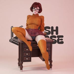 May include: A figurine of a person with short auburn hair wearing black-rimmed glasses, an orange turtleneck sweater, a maroon pleated skirt, and orange thigh-high socks, sitting on a dark brown wooden desk with multiple drawers and silver knobs.