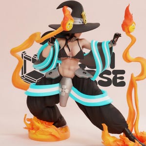 May include: A detailed figurine of a character wearing a black witch hat, a black bikini top, and black pants with light blue stripes. The figure is surrounded by orange flame effects and small yellow fire spirits, standing on a base of sculpted flames.