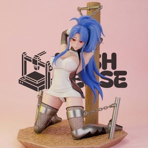 May include: A collectible anime-style figurine of a character with long blue hair and red eyes, wearing a white outfit and metallic leg guards with fishnet stockings. The figure is posed kneeling against a wooden post with silver chains attached.