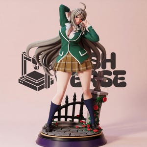 May include: A collectible anime-style figure featuring a character with long grey hair, wearing a green blazer, white collared shirt, and a brown plaid skirt. The figure stands on a base with a tombstone, red roses, and a black iron fence.